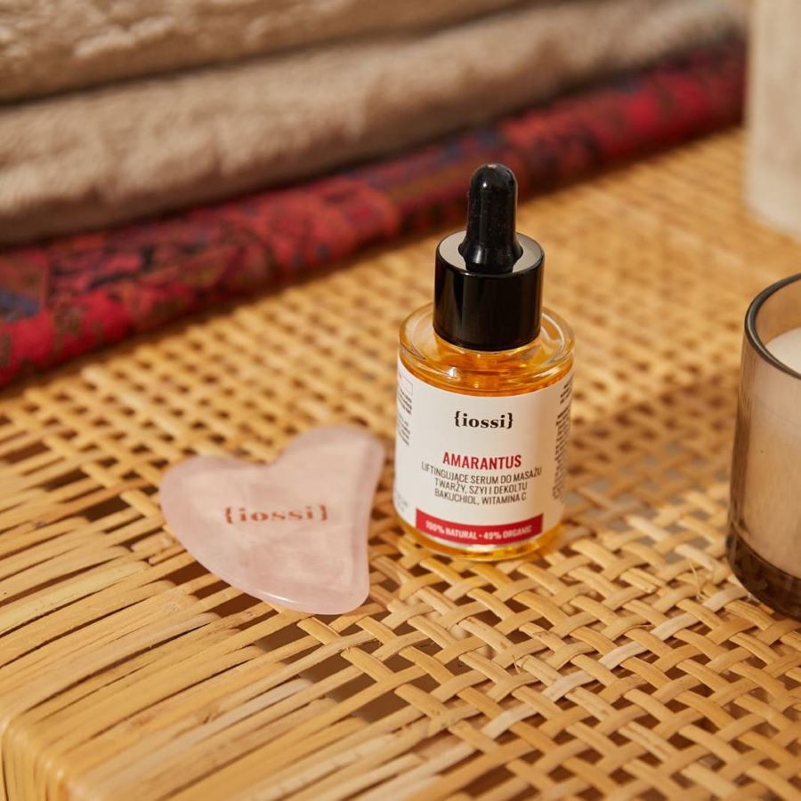 Amarantus – liftingujące serum do masażu twarzy i dekoltu z bakuchiolem, witaminą C 30 ml + płytka gua sha z różowego kwarcu