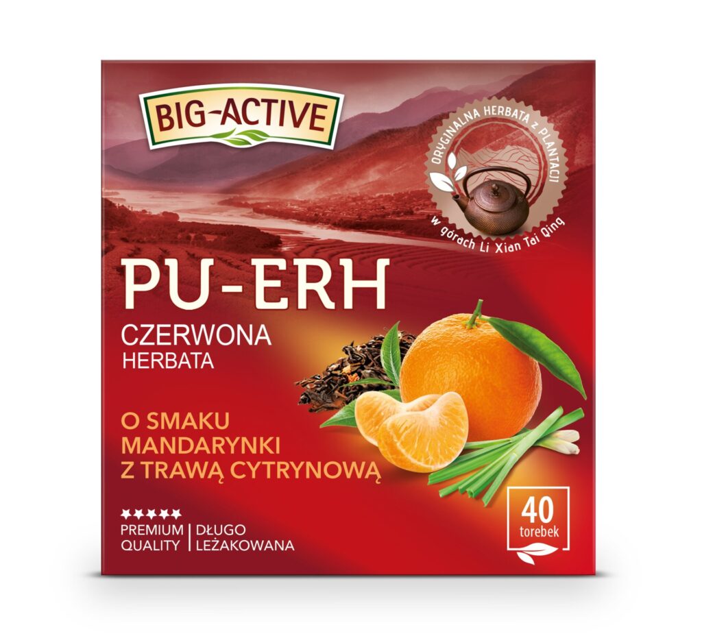 Big-Active Pu-Erh o smaku mandarynki z trawą cytrynową – 8,29 zł/op. 40 torebek