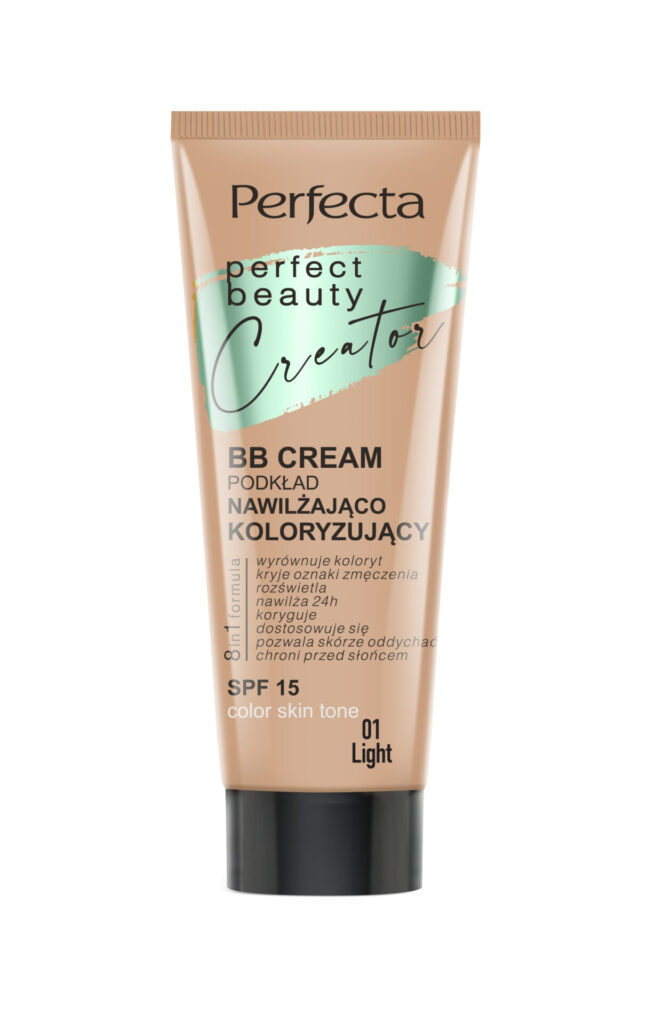 BB Cream Krem nawilżająco-koloryzujący 18,99 zł/30 ml LIGHT, NATURAL, MEDIUM, SUNNY SPF 15 COLOR SKIN TONE Nawilżająco - koloryzujący krem BB PERFECTA PERFECT BEAUTY CREATOR dzięki innowacyjnej formule łączy 8 korzyści w jednym produkcie. 8IN1 FORMULA – wyrównuje koloryt, kryje oznaki zmęczenia, rozświetla, nawilża 24h, koryguje, dostosowuje się, pozwala skórze oddychać, chroni przed słońcem SPF 15 daje ochronę przed szkodliwym promieniowaniem słonecznym. Kwas hialuronowy i skwalan sprawiają, że skóra będzie odpowiednio nawilżona, a oznaki zmęczenia zostaną skutecznie zniwelowane. Krem BB wyrównuje koloryt skóry, rozświetla, koryguje drobne niedoskonałości i dostosowuje się do każdej cery. Stosowanie: Wstrząśnĳ przed użyciem. Rozprowadź krem równomiernie na skórze twarzy, szyi i dekoltu.