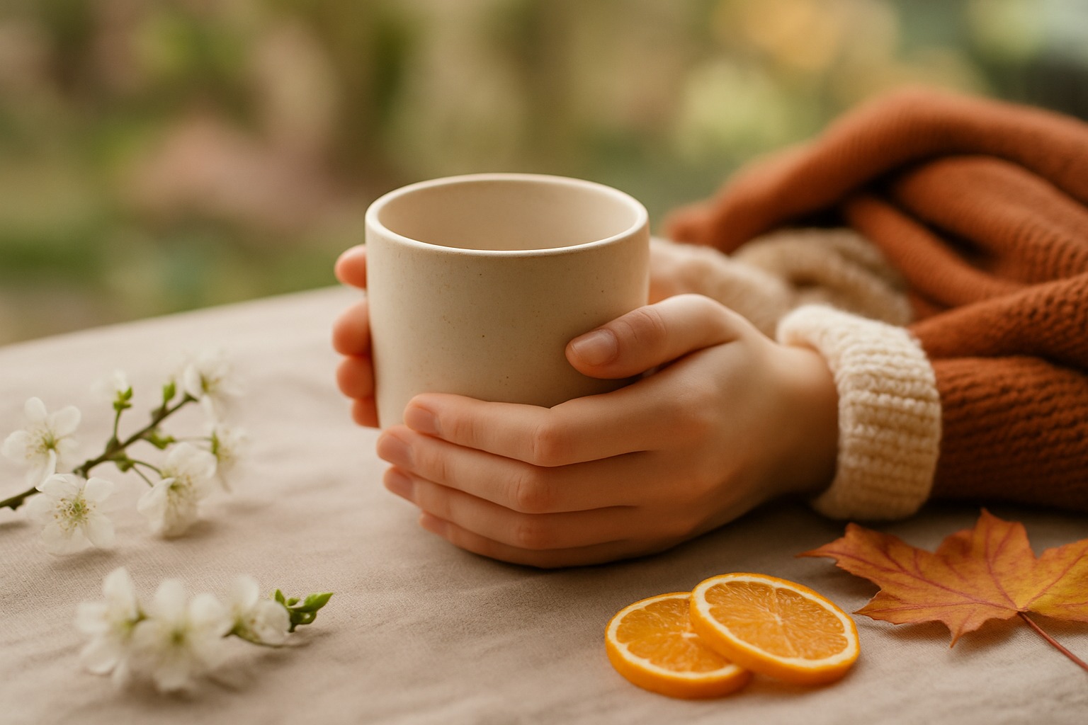 Pielęgnacja dłoni jesienią – delikatne, mniejsze dłonie w swetrze trzymają kubek bez ucha, naturalny manicure, ciepła sceneria.