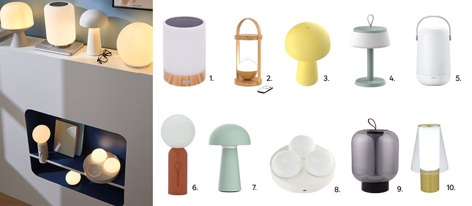 1. Lampka solarna przenośna Mende Inspire 49,99 zł, kod 88309508, 2. Lampka przenośna Lisala LED Inspire 149,00 zł, kod 87548930, 3. Lampa stołowa Sigrun lime LED Inspire, 149,00 zł, kod 89736654, 4. Lampa stołowa Too Touch LED Inspire 149,00 zł, kod 89736655, 5. Lampa przenośna biała RGBW IP20 Wiz 449, 00 zł, kod 86671314, 6. Lampa stołowa Lodi czerwona LED Inspire 139,00 zł, kod 89736658, 7. Lampa stołowa Sigrun LED Inspire, 149,00 zł, kod 89736826, 8. Lampa stołowa Alawa 3 x LED Inspire z bazą ładującą 169,00 zł, kod 89743372, 9. Lampa stołowa Narsis szkło LED Inspire, 219,00 zł, kod 89741715, 10. Lampa stołowa Appetito miedź IP44 LED Inspire, 149,00 zł, kod 89743370