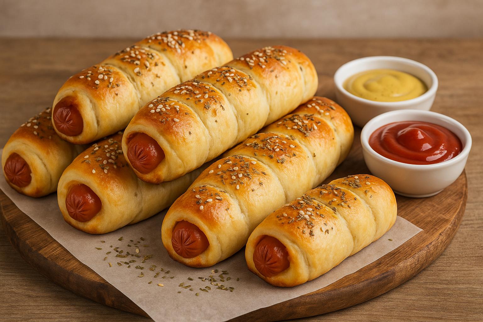 Domowe hot dogi w cieście pizzowym, ułożone na drewnianej desce, posypane sezamem i ziołami, podane z miseczkami ketchupu i musztardy. Apetyczne, rumiane ciasto i soczyste parówki tworzą apetyczną, domową przekąskę.