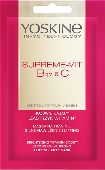 YOSKINE SUPREME-VIT B12&C ROZŚWIETLAJĄCY ,,ZASTRZYK WITAMIN” MASKA NA TKANINIE SILNE NAWILŻENIE I LIFTING, 15,99 zł/20 ml