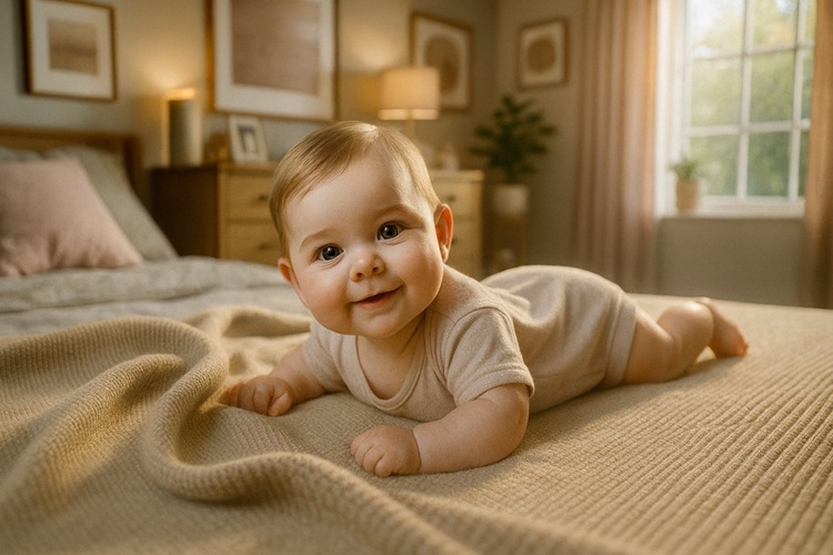 Niemowlę podczas „tummy time” na łóżku; pastelowe wnętrze i miękkie, ciepłe oświetlenie.