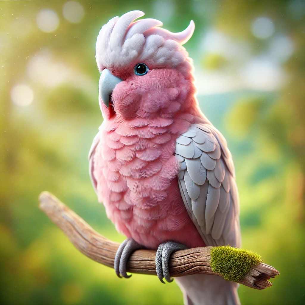 Papuga kakadu różowa (Galah Cockatoo) o różowym upierzeniu, szarych skrzydłach i białym czubku, siedząca na gałęzi w jasnym, naturalnym otoczeniu z rozmytym zielonym tłem.