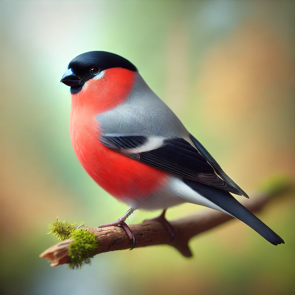 Gil europejski (European Bullfinch) o intensywnie czerwonej piersi, szarym grzbiecie i czarnej głowie, siedzący na gałęzi w naturalnym otoczeniu z delikatnie rozmytym zielono-brązowym tłem.