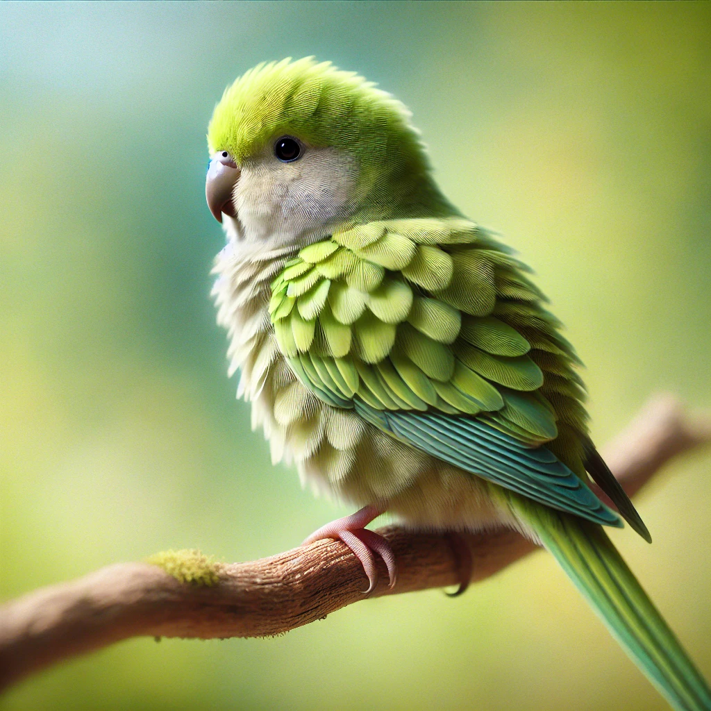 Papużka łąkowa (Grass Parakeet) o delikatnym zielonym upierzeniu z żółtymi akcentami, siedząca na gałęzi w naturalnym otoczeniu z rozmytym tłem.