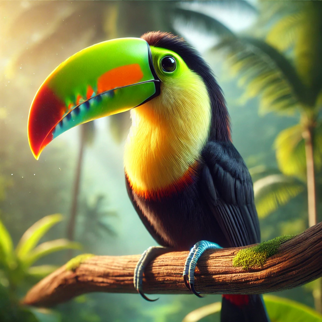 Tukan tęczowy (Rainbow Toucan) z wielokolorowym dziobem w odcieniach żółci, pomarańczy i zieleni, czarnym upierzeniem i żółtą piersią, siedzący na gałęzi w tropikalnym otoczeniu z rozmytym tłem.