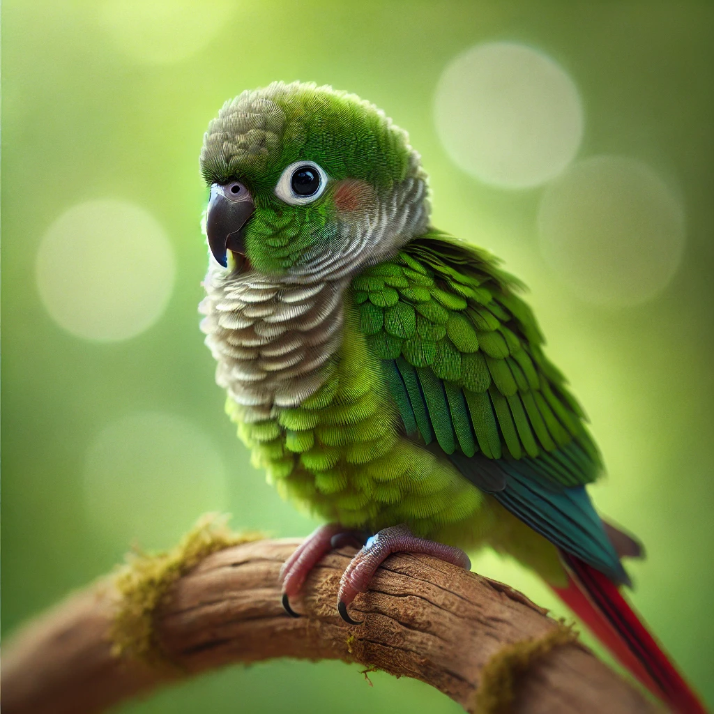 Papuga rudosterka (Green-Cheeked Conure) z zielonym upierzeniem, szarawą piersią i czerwonawym ogonem, siedząca na gałęzi w naturalnym otoczeniu z rozmytym zielonym tłem