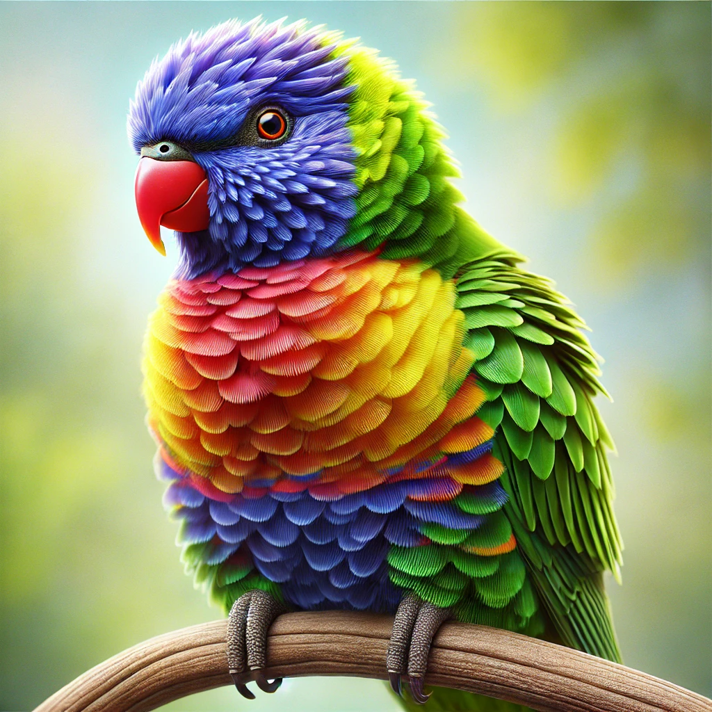 Papuga barwnica (Rainbow Lorikeet) z wielobarwnym upierzeniem w odcieniach zieleni, niebieskiego, pomarańczowego i żółtego oraz z czerwonym dziobem, siedząca na gałęzi w tropikalnym otoczeniu z delikatnie rozmytym tłem.