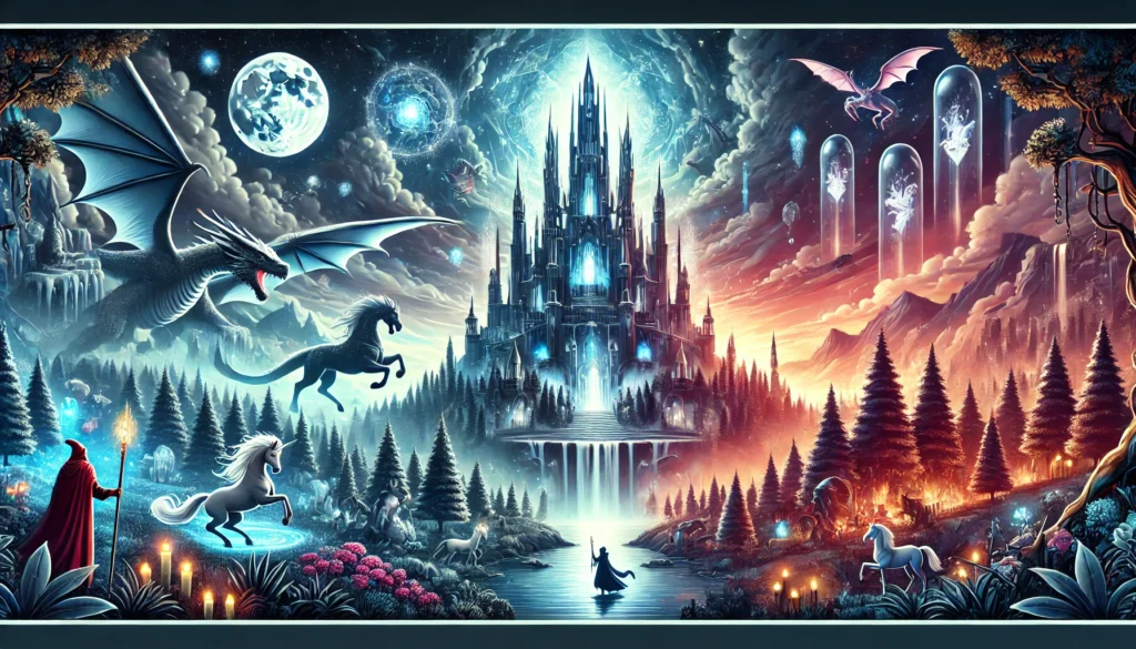 Epicka ilustracja pozioma przedstawiająca magiczny świat fantasy z wysokim lodowym zamkiem, świecącymi lasami i fantastycznymi stworzeniami, takimi jak smoki i jednorożce.