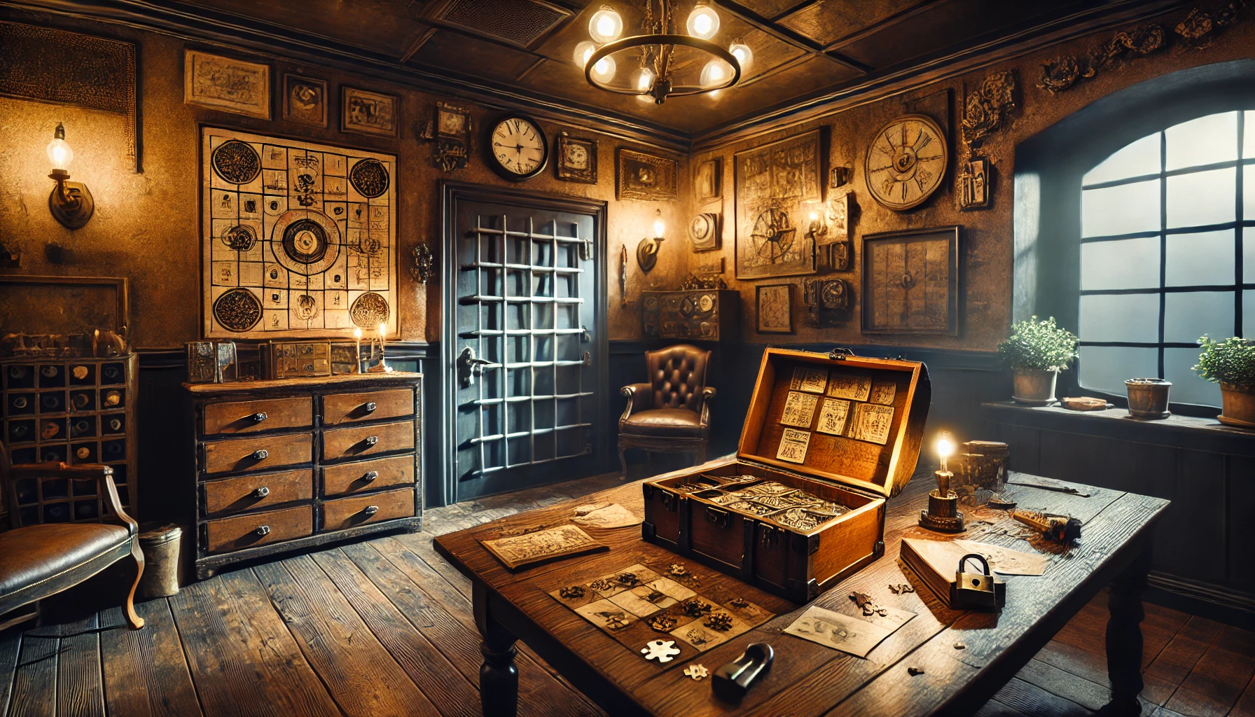 Tajemniczy escape room z przyciemnionym oświetleniem, zamkniętymi drzwiami, skrzynią skarbów, zagadkami na ścianach i porozrzucanymi wskazówkami na drewnianym stole. Pomieszczenie emanuje atmosferą napięcia i przygody, idealne dla fanów interaktywnych zagadek.