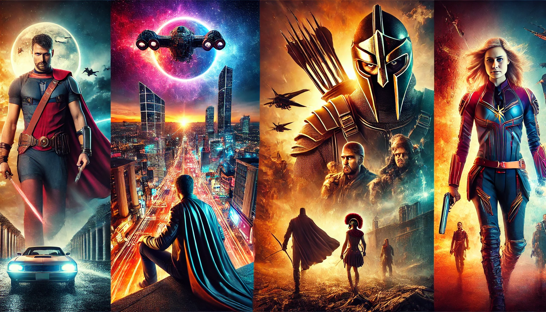 A cinematic and vibrant horizontal image featuring a montage of epic movie scenes, including a futuristic cityscape, a gladiator arena with a battle, a masked vigilante watching over a dark city, a spaceship in a galactic war, and a rugged assassin walking away from an explosion. The image is illuminated with dynamic lighting, intense colors, and dramatic perspectives, embodying the energy of blockbuster films