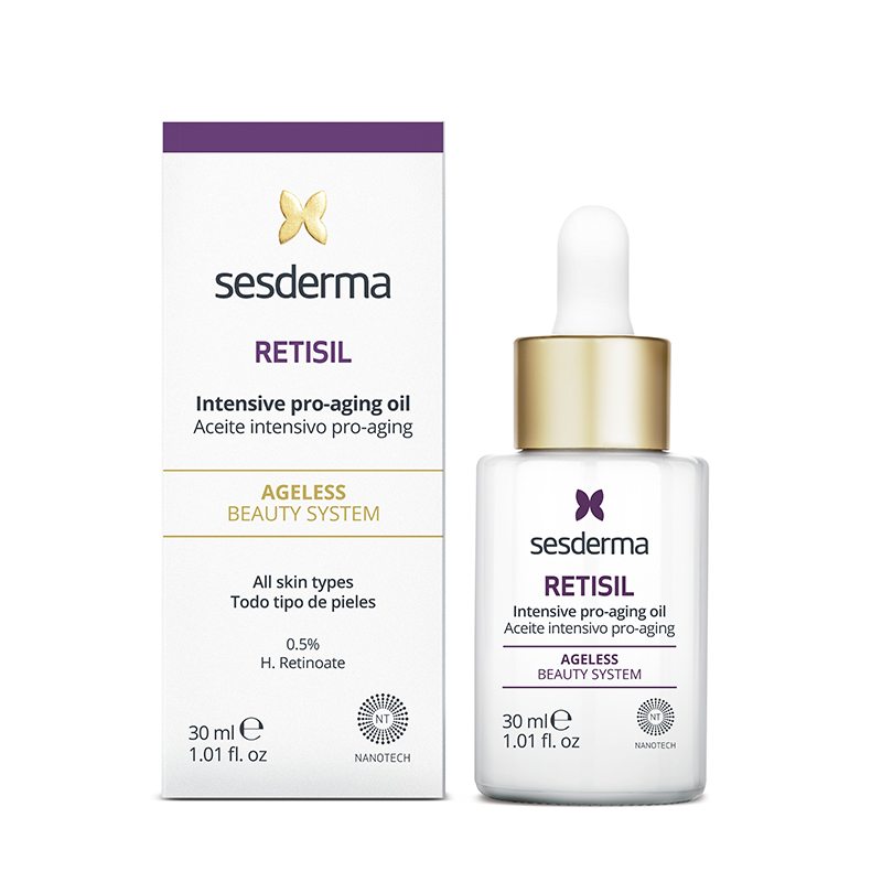 SESDERMA RETISIL Intensywny olejek pro-aging na noc, 229 zł/30 ml Olejek do twarzy do intensywnej pielęgnacji przeciwko wszystkim oznakom starzenia. Redukuje zmarszczki i ujędrnia skórę twarzy, szyi i dekoltu. Zapewnia kompleksową poprawę jędrności, linii mimicznych, przebarwień i nierówności tekstury. Szybko się wchłania, nie pozostawiając tłustego odczucia