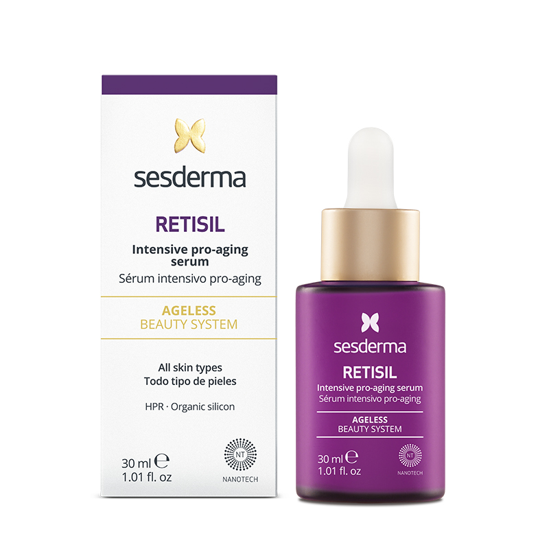 SESDERMA RETISIL Intensywne serum pro-aging, 248 zł/30 ml Kompleksowe działanie wpływające na zmniejszenie wszystkich widocznych oznak starzenia: zwiększa napięcie skóry, redukuje i wygładza zmarszczki, poprawia nawilżenie, wyrównuje koloryt i dodaje skórze blasku. Stymuluje syntezę kolagenu, zapewniając gładką i elastyczną skórę.