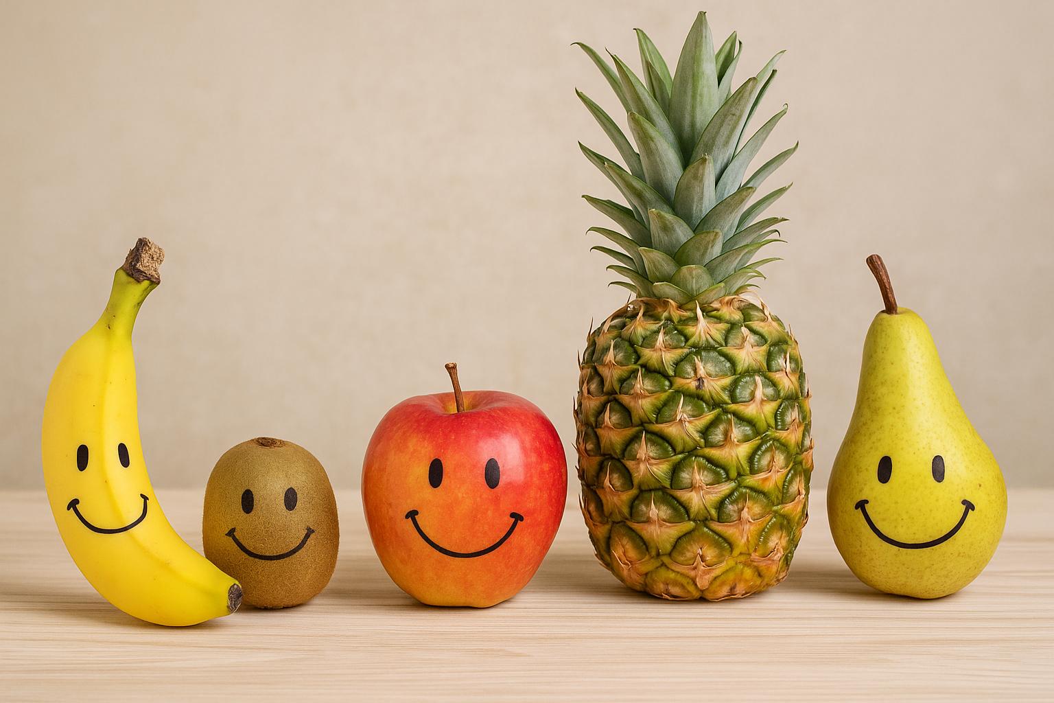 Zabawne, realistyczne zdjęcie pięciu owoców – uśmiechnięty banan, kiwi, jabłko, ananas i gruszka ustawione w szeregu na jasnym tle; każdy z nich ma narysowaną twarz z dużym uśmiechem.