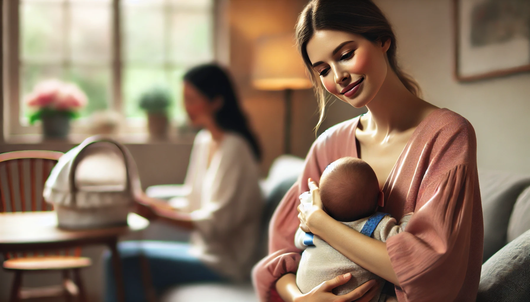 Poziome realistyczne zdjęcie pięknej, zwyczajnej kobiety doświadczającej macierzyństwa. Ma naturalne piękno i ciepły, szczery wyraz twarzy. Trzyma lub wchodzi w interakcję ze swoim dzieckiem w przytulnym, domowym otoczeniu. Scena oddaje intymność, miękkość i autentyczność chwil spędzonych z dzieckiem, unikając przesadnie wyidealizowanego wyglądu.