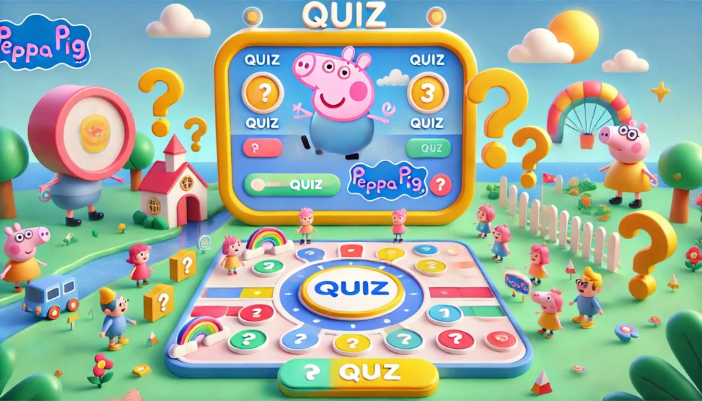 Kolorowa i zabawna, pozioma grafika przedstawiająca interaktywny quiz inspirowany bajką o Peppie. Ilustracja zawiera planszę quizową, tło z pytajnikami oraz dynamiczny, kreskówkowy interfejs przypominający układ gry online lub aplikacji mobilnej. Całość utrzymana jest w radosnej, dziecięcej stylistyce z jasnymi kolorami i zachęcającą atmosferą, ale nie zawiera postaci objętych prawami autorskimi.
