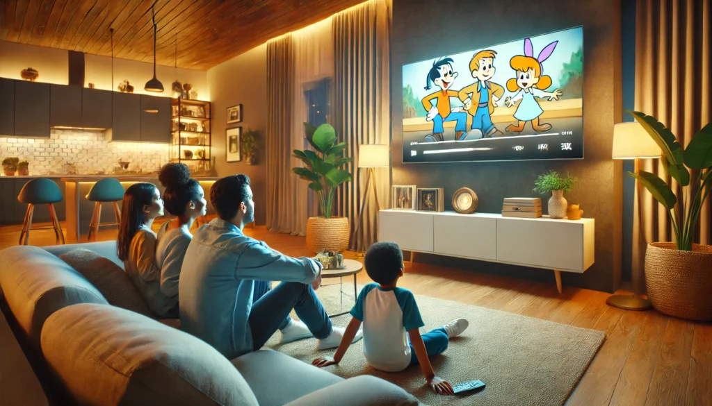 Rodzina oglądająca klasyczne animowane bajki na smart TV w przytulnym salonie. Rodzice i dzieci siedzą razem na wygodnej kanapie, ciesząc się nostalgicznymi kreskówkami. Pokój jest ciepło oświetlony, z nowoczesnym wystrojem, tworząc relaksującą, rodzinną atmosferę.