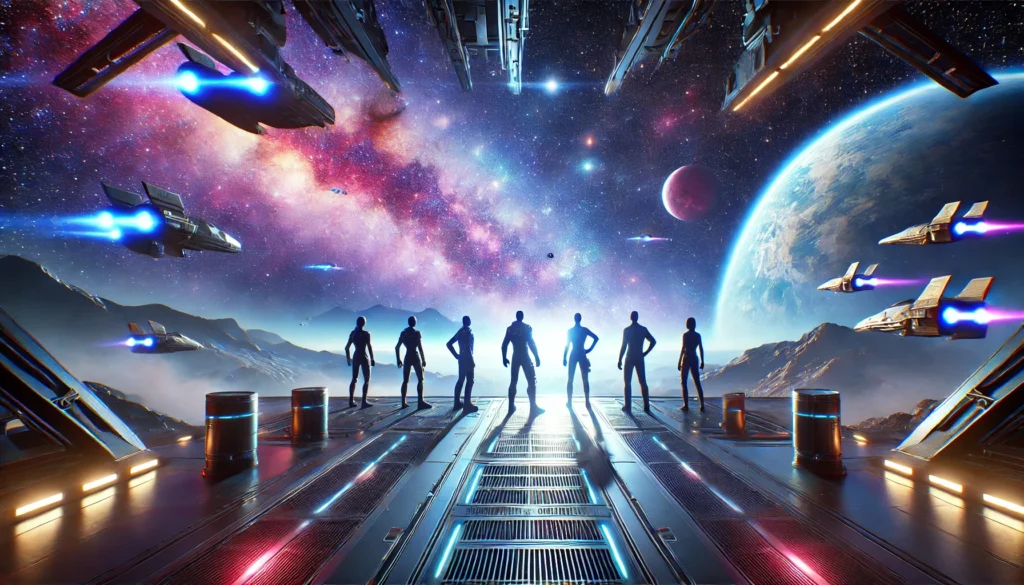 Pięć heroicznych sylwetek stojących na platformie statku kosmicznego, spoglądających na kolorową galaktykę pełną gwiazd i planet. Scena ma futurystyczny klimat z dynamicznymi pozami bohaterów, a dramatyczne oświetlenie w odcieniach niebieskiego, fioletu i neonowego blasku nadaje epicki, filmowy charakter.