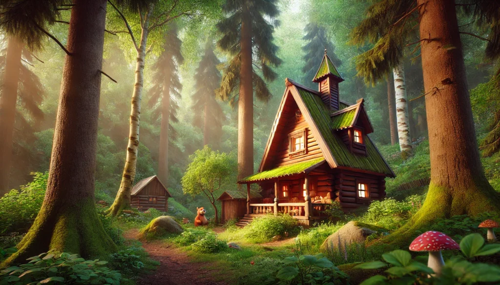 Realistyczna ilustracja inspirowana bajką Masza i Niedźwiedź. Przedstawia przytulny drewniany domek przypominający ten z serialu, otoczony bujną zielenią i wysokimi drzewami. Ciepłe światło słoneczne przenika przez liście, tworząc bajkową atmosferę pełną spokoju i magii.