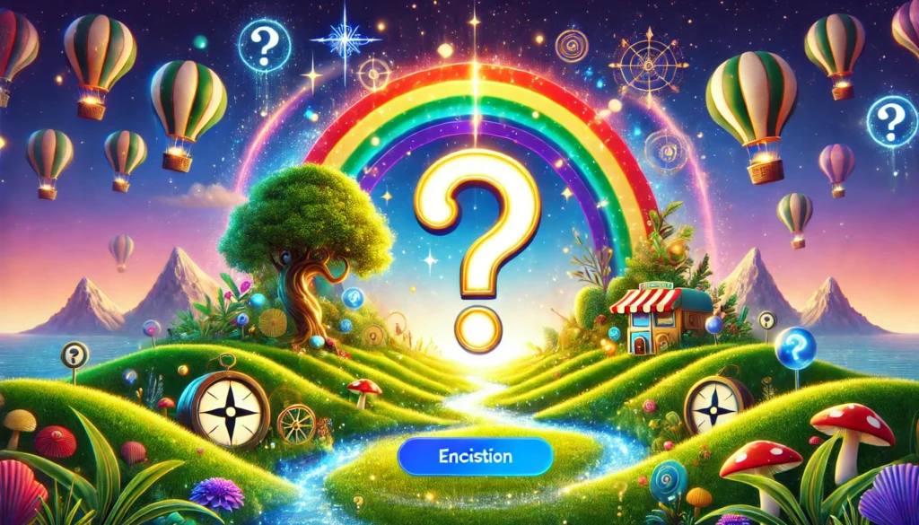 Poziome, kolorowe tło inspirowane quizem osobowości o tematyce przygodowej i fantastycznej. W centrum znajduje się świecąca tablica quizowa, otoczona zielonymi wzgórzami i jasnym, błękitnym niebem. W powietrzu unoszą się pytajniki i delikatne efekty świetlne, nadając całości magiczny i tajemniczy klimat. Sceneria jest dynamiczna i zachęcająca do udziału w quizie.