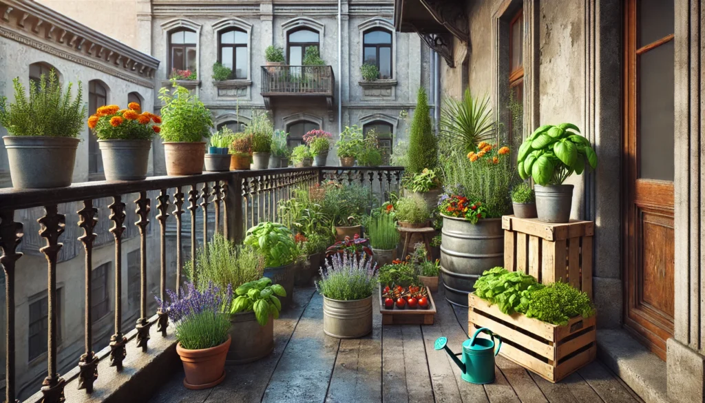 Stary balkon z uprawą ziół i warzyw – doniczki z bazylią, rozmarynem, tymiankiem, miętą, pomidorami, sałatą, papryką oraz kwiatami jak lawenda i aksamitki. Rustykalna, miejska przestrzeń z drewnianą skrzynką i konewką, podkreślająca urok miejskiego ogrodnictwa.