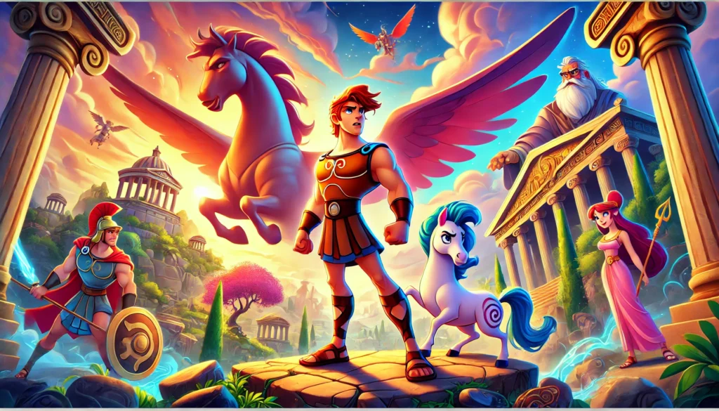 Kolorowa, animowana ilustracja inspirowana serialem animowanym „Herkules”. Przedstawia młodego, silnego bohatera w mitologicznym klimacie, skrzydlatego konia i mądrego mentora. W tle widać starożytną grecką architekturę z majestatycznymi świątyniami i dynamicznym niebem, tworząc atmosferę heroicznej przygody.