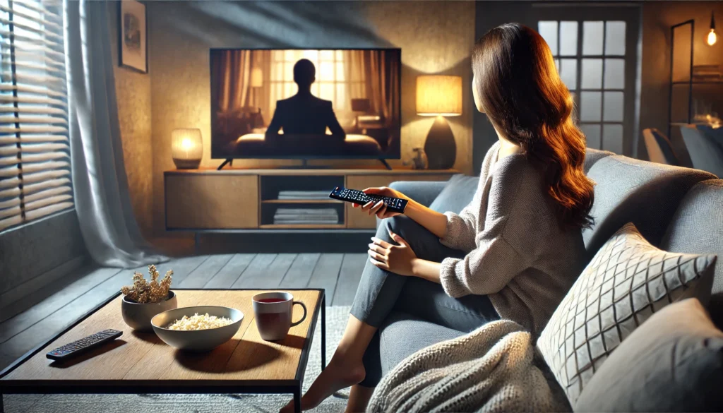 Realistyczne zdjęcie kobiety siedzącej na wygodnej kanapie w nowoczesnym salonie, oglądającej serial telewizyjny. W jednej ręce trzyma pilot, a na stoliku obok stoi kubek ciepłej herbaty. W tle ekran telewizora emituje delikatne światło, sugerując angażujący program. Atmosfera jest ciepła i relaksująca, idealna na wieczór z ulubionymi serialami.