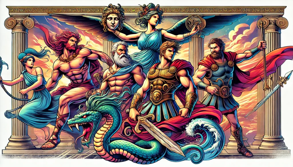 Ilustracja przedstawiająca pięciu legendarnych greckich herosów – Herkulesa, Perseusza, Tezeusza, Jazona i Odyseusza – w dynamicznych i epickich pozach. Każdy bohater symbolizuje swoją unikalną siłę, na tle starożytnej greckiej scenerii z marmurowymi kolumnami i atmosferą przygody.