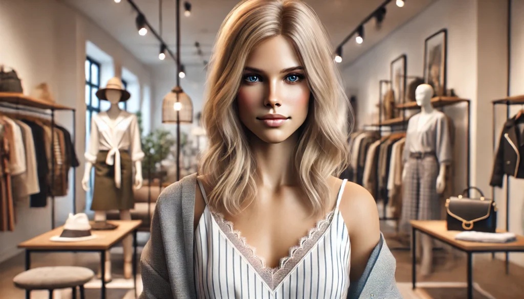 Realistyczne zdjęcie blondynki o naturalnej urodzie, ubranej w stylowy, ale codzienny strój, stojącej w nowoczesnym butiku. Ma pewny, ale swobodny wyraz twarzy, a otoczenie pełne jest modowych detali, takich jak stojaki z ubraniami i akcesoria, tworząc stylową, lecz realistyczną atmosferę.