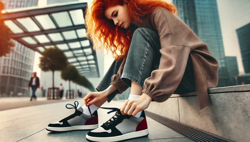 Młoda rudowłosa kobieta zakłada stylowe sneakersy w nowoczesnym, miejskim otoczeniu.