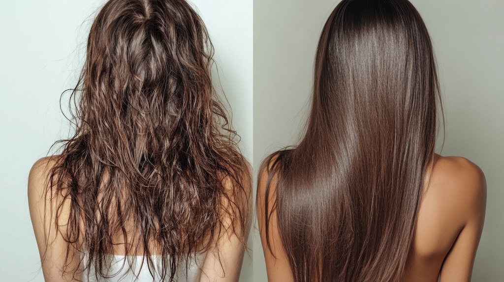 A collage featuring two types of hair, promoting hair care products and restorative treatments such as Botox for hair and keratin straightening.