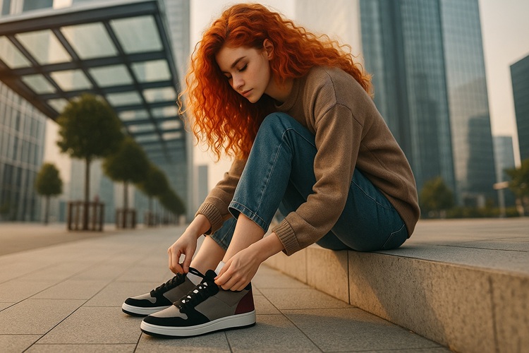 Rudowłosa kobieta wiąże sznurowadło beżowo-czarnych sneakersów na miejskich schodach; szeroki kadr, szklane biurowce w tle, ciepłe popołudniowe światło.