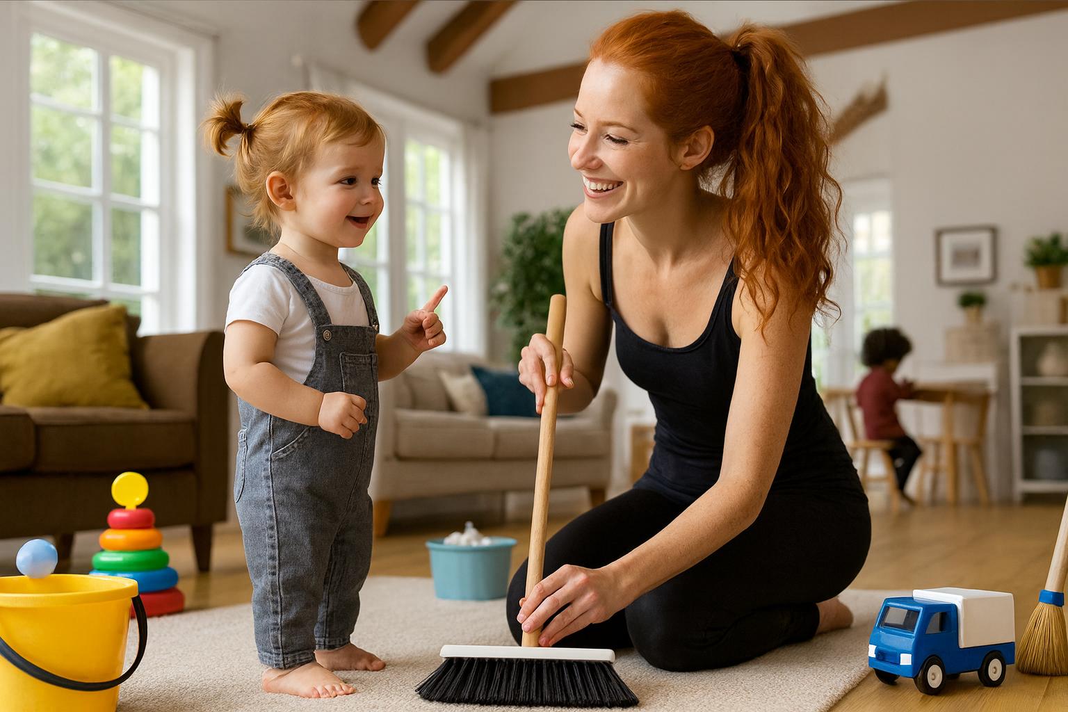 Uśmiechnięta mama z rudymi włosami sprząta dywan w salonie, zamiatając szczotką, obok niej stoi mała dziewczynka w ogrodniczkach i białej koszulce; w tle widoczne są zabawki, sofa i jasne wnętrze z dużymi oknami oraz bawiące się dziecko przy stole.