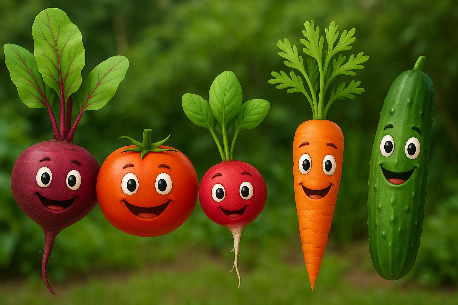 Pięć uśmiechniętych, kolorowych warzyw na tle zielonego ogrodu: burak, pomidor, rzodkiewka, marchewka i ogórek. Każde warzywo ma zabawne, kreskówkowe oczy i uśmiech, co tworzy wesołą, humorystyczną kompozycję idealną do quizu.