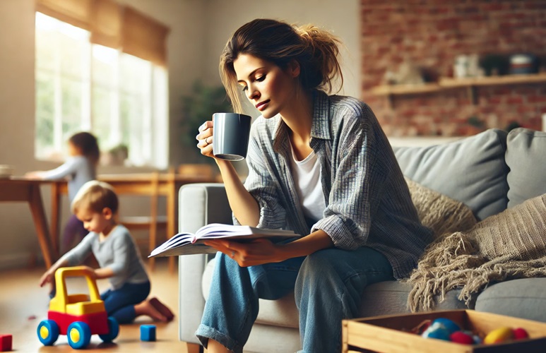 Zmęczona mama siedzi w lekko nieuporządkowanym, ale przytulnym salonie, pijąc herbatę lub kawę i czytając książkę. Jej wyraz twarzy zdradza zmęczenie, ale także chwilę relaksu. W tle dzieci bawią się, a wokół nich porozrzucane są zabawki, tworząc autentyczny obraz codziennego życia rodziny – pełnego ciepła, ale też drobnego chaosu.