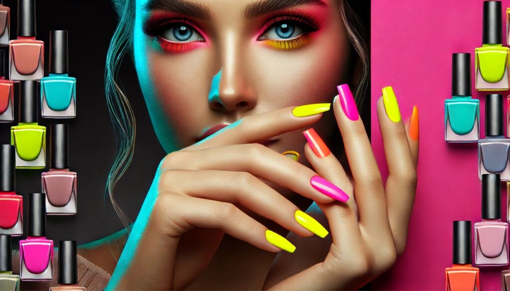 Dłonie kobiety z intensywnym, neonowym manicure w kolorach żółtym, pomarańczowym i różowym. W tle częściowo widoczna twarz kobiety z wyrazistym makijażem w podobnej, neonowej palecie. Tło kontrastowe – ciemne lub jasne – podkreśla jaskrawe barwy paznokci, nadając całości dynamiczny i radosny wiosenny klimat.