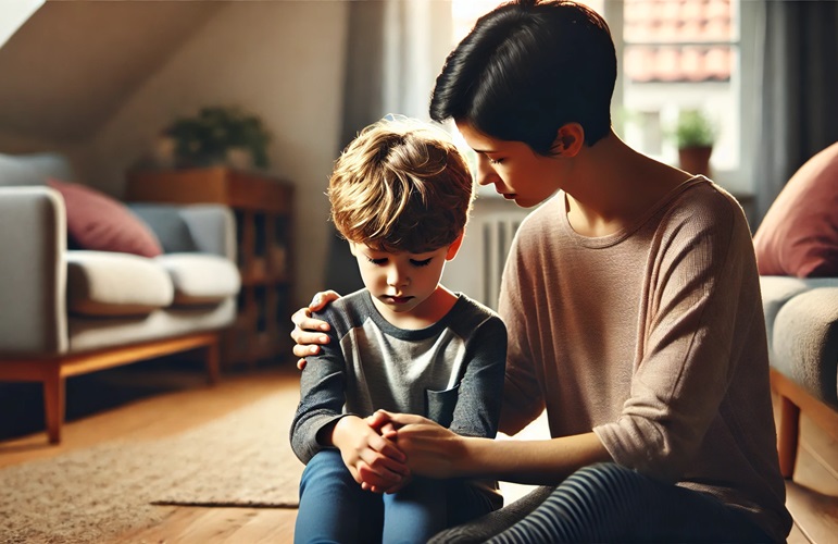 Mama z krótkimi ciemnymi włosami, ubrana w legginsy, klęczy obok swojego jasnowłosego syna, który wygląda na smutnego lub zmartwionego. Delikatnie do niego mówi, okazując wsparcie i troskę. Scena rozgrywa się w przytulnym, domowym otoczeniu z naturalnym oświetleniem i lekkim rozgardiaszem, co podkreśla autentyczność codziennej chwili między rodzicem a dzieckiem.