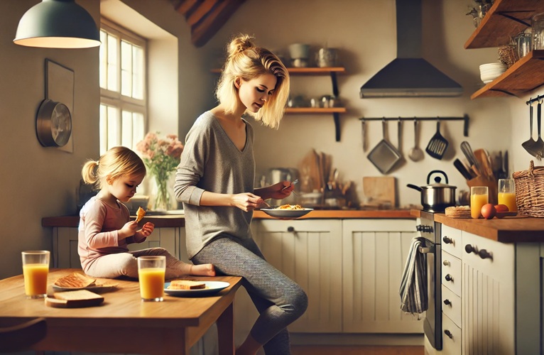 Zwyczajna blondynka, bez makijażu, w legginsach, przygotowuje śniadanie w przytulnej, lekko nieuporządkowanej kuchni. Oświetlenie pochodzi wyłącznie z naturalnego światła. Jej mała córeczka siedzi przy stole, czekając na posiłek, który składa się z prostych, zdrowych produktów, takich jak tosty, jajka i świeże owoce. Scena jest codzienna, ciepła i autentyczna, oddająca rodzinny poranek.