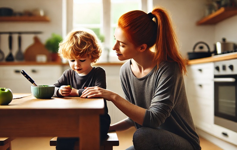 Rudowłosa mama w kitce, ubrana w legginsy, nachyla się nad swoim blondwłosym dzieckiem siedzącym przy kuchennym stole. Delikatnym i ciepłym gestem zachęca je do spróbowania warzyw. Dziecko wydaje się niepewne, ale ciekawe. Scena jest naturalna, rozgrywa się w przytulnej, domowej kuchni z miękkim, naturalnym oświetleniem, oddając codzienny moment rodzicielstwa.