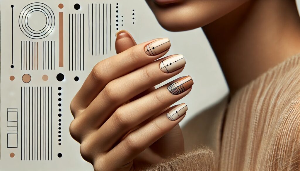 Zbliżenie na kobiece dłonie z nowoczesnym manicure, ozdobionym cienkimi liniami, kropkami i małymi geometrycznymi figurami w kontrastujących kolorach. Stylizacja jest elegancka i minimalistyczna, z precyzyjnymi wzorami podkreślającymi nowoczesny charakter. Tło jest neutralne, aby skupić uwagę na efektownym i stylowym zdobieniu paznokci.