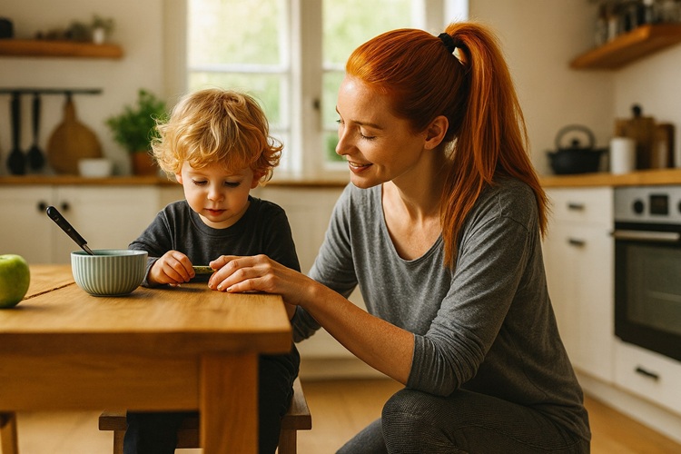 Mama o rudych włosach pomaga dziecku przy drewnianym stole w jasnej kuchni, przygotowując zdrowy posiłek w naturalnym świetle.