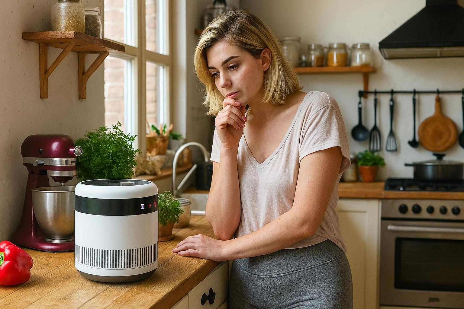 Kobieta stoi w kuchni, opiera się o blat i zamyślona patrzy na nowoczesne urządzenie stojące obok ziół i robota kuchennego. W tle drewniane półki, słoiki z przyprawami, wiszące przybory kuchenne i okno z widokiem na ceglaną ścianę.