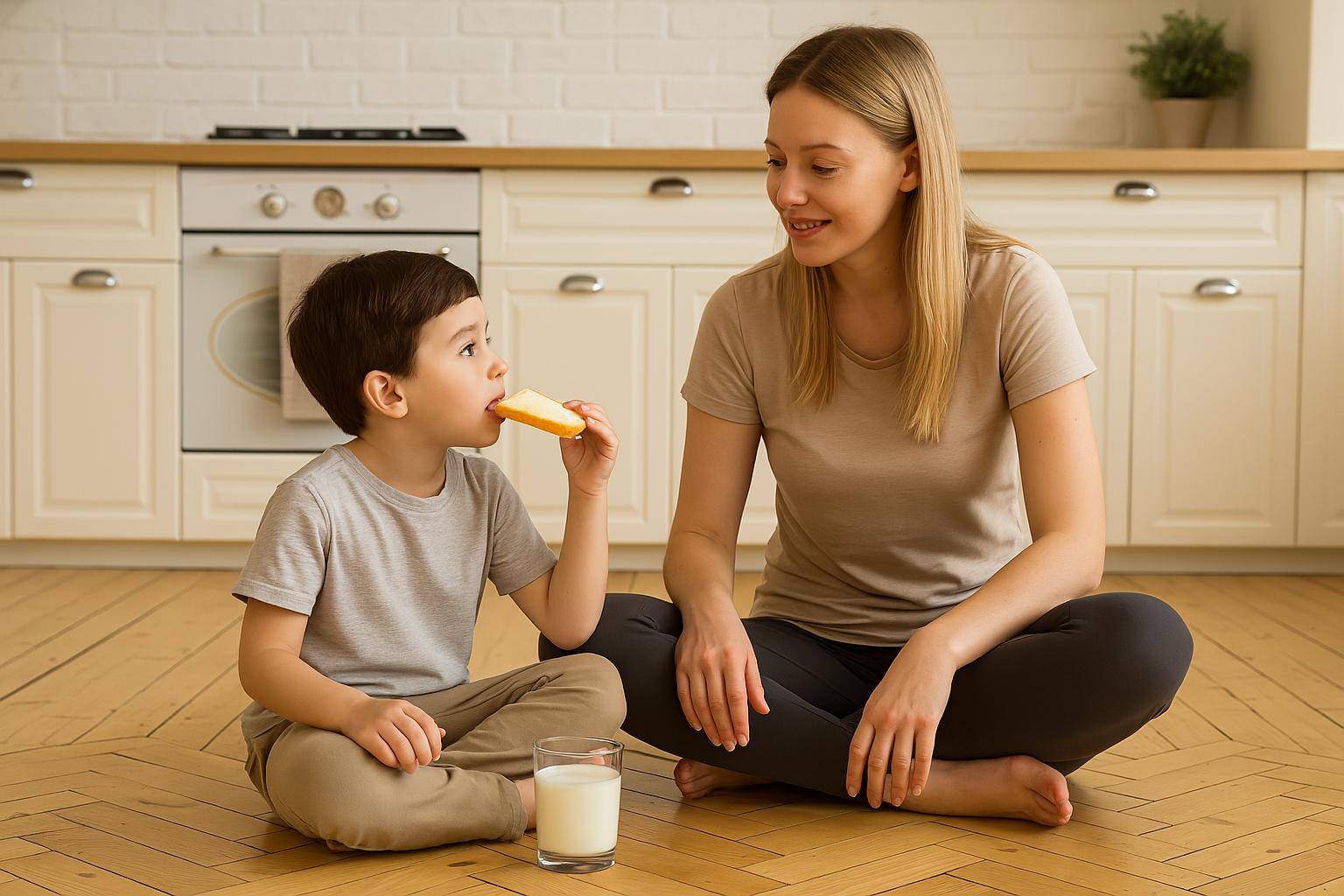 Blondwłosa mama w legginsach i beżowej koszulce siedzi boso na podłodze jasnej kuchni, uśmiechając się do swojego syna – małego chłopca o ciemnych włosach, ubranego w szarą koszulkę i beżowe spodnie, który je kromkę chleba. Przed nim stoi szklanka mleka. Scena jest jasna, ciepła i domowa.
