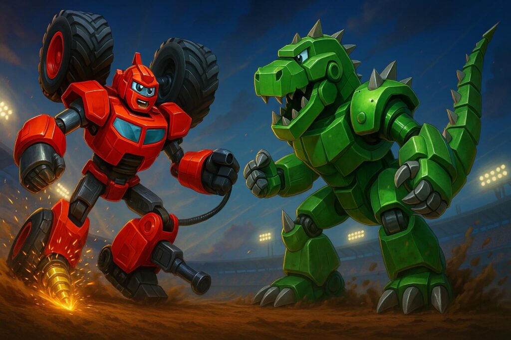Ilustracja cyfrowa w stylu animacji 3D przedstawiająca dwóch futurystycznych robotów inspirowanych postaciami Blaze’a i Zega z bajki „Blaze i megamaszyny”. Po lewej stronie znajduje się czerwony robot BlazeBot z kołami na plecach i sportowym przodem jako tors. Po prawej – zielony, masywny robot ZegBot z elementami dinozaura, kolcami i metalową paszczą. Obaj stoją w dynamicznej pozie na futurystycznym torze wyścigowym, z błyskami, błotem i energetycznym tłem.