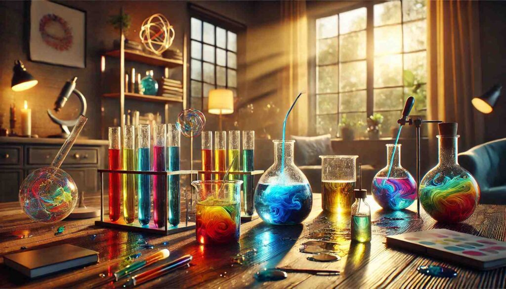 Domowe laboratorium naukowe z kolorowymi eksperymentami z wodą, szklankami, probówkami i pipetami pełnymi intensywnych barwników, w ciepłym, naturalnym świetle.