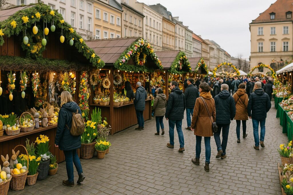 Widok ogólny jarmarku wielkanocnego na miejskim placu. W tle zabytkowe kamienice, a na pierwszym planie kolorowe stragany z ozdobami świątecznymi, pisankami, palmami i koszyczkami. Wokół przechadzają się ludzie – dorośli i dzieci – widoczni z oddalenia, w ruchu, zwróceni bokiem lub tyłem. Atmosfera wiosenna, pełna ciepłego światła, z dekoracjami w pastelowych kolorach i elementami świątecznymi.