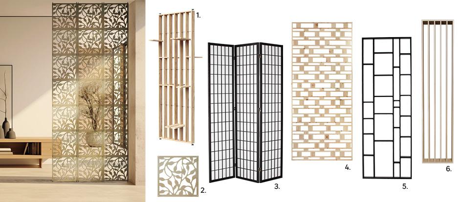 1. Ściana działowa przegroda sosnowa z półkami 250x85 Artens 799zł., kod 87234916, 2. Panel wiszący ażurowy Quadro Botanic 20,90zł, kod 90105199, 3. Parawan Takashi 178x132 cm 3 panele 449zł, kod 89617629, 4. Przegroda Fylla 240x90x3.5 cm 319zł, kod 89670830 5. Przegroda VAR 240x90x11 cm 529zł, kod 89670823, 6. Ścianka działowa lamelowa ażurowa 275x60 cm Dąb 498zł, kod 91989920
