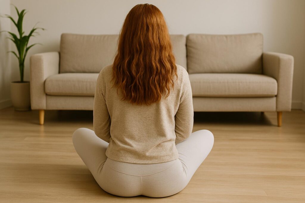 Rudowłosa kobieta siedzi po turecku na jasnej, drewnianej podłodze, zwrócona tyłem do aparatu. Ubrana jest w jasny sweter i jasne legginsy. Przed nią znajduje się beżowa sofa, a całe wnętrze utrzymane jest w spokojnych, naturalnych barwach. Do pomieszczenia wpada miękkie, naturalne światło, tworząc ciepłą i harmonijną atmosferę.